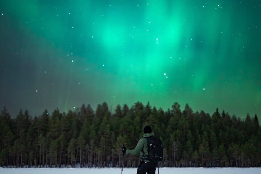 A person hiking in a snowy forest with the aurora borealis in the sky. 2