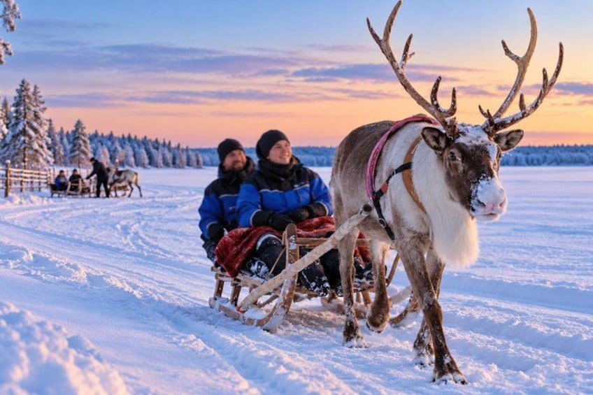A reindeer pulling a sled with two people in a snowy landscape. 2
