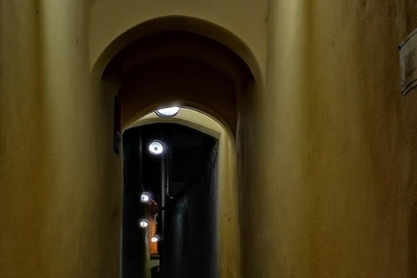 Un couloir étroit avec un plafond en arc et une porte au fond. 5