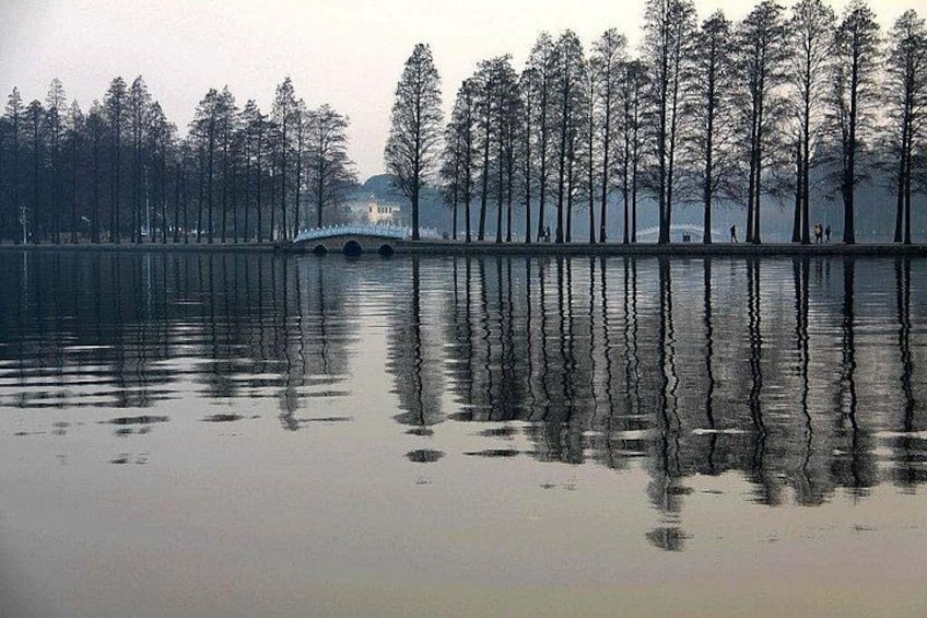 Un lago tranquilo con reflejos de árboles y un puente. 4