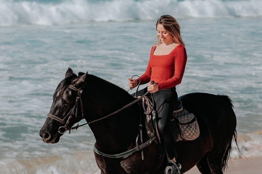 Una persona montando a caballo en una playa con olas al fondo. 2