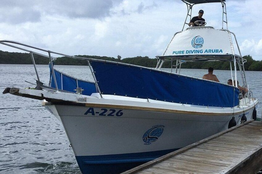 A boat named 'Pure Diving Aruba' docked at a wooden pier. 3