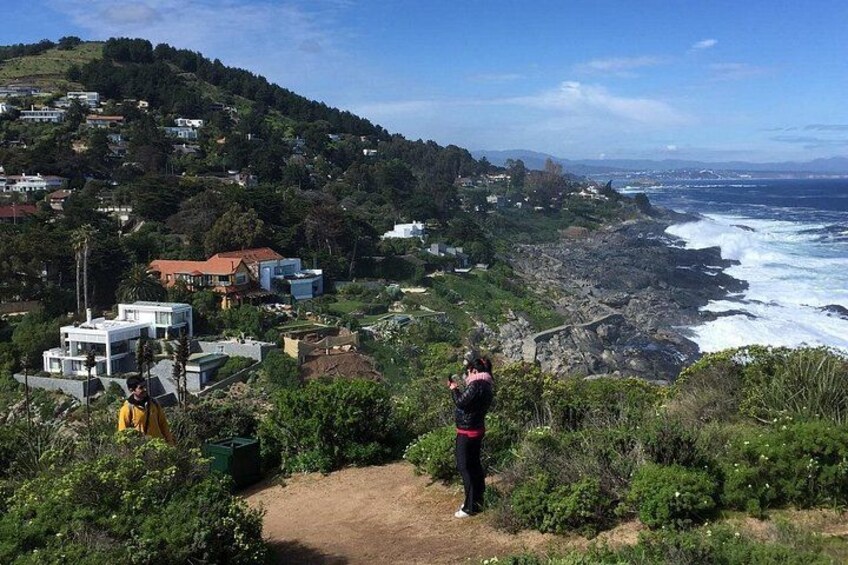 A coastal landscape with houses, a dirt path, and the ocean. 3
