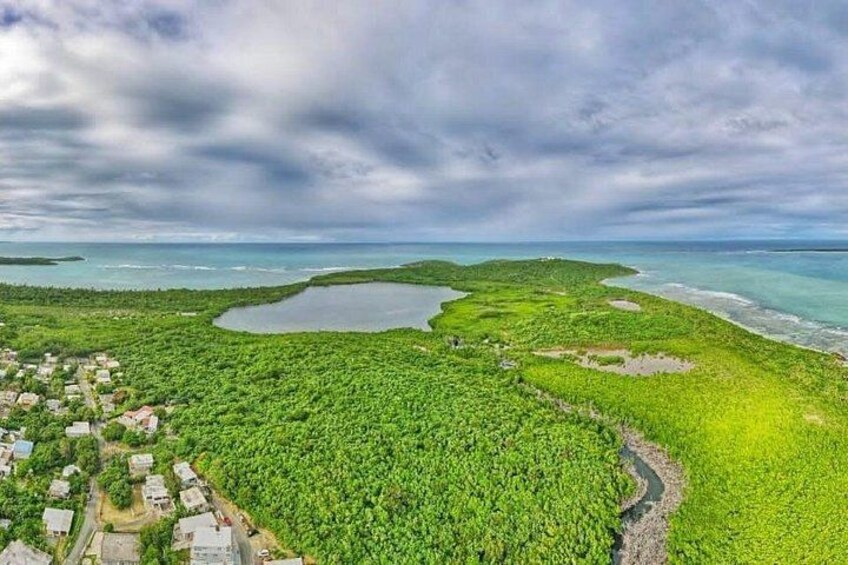 A coastal landscape with a large body of water, dense green vegetation, and a small settlement. 2