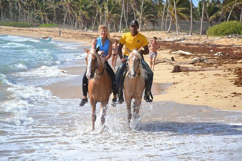Two horses and riders on a beach with waves and palm trees in the background. 5