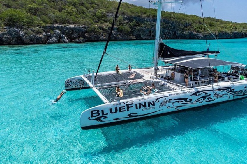 A catamaran named 'Bluefin' with 'Hill of White' and 'Charters' written on it, floating on turquoise water with a rocky coastline in the background. 3
