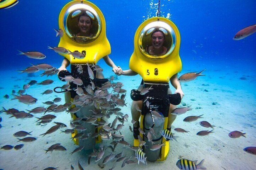 Dos personas con trajes de buceo amarillos, con el número 30 en ellos, rodeadas de peces bajo el agua. 2