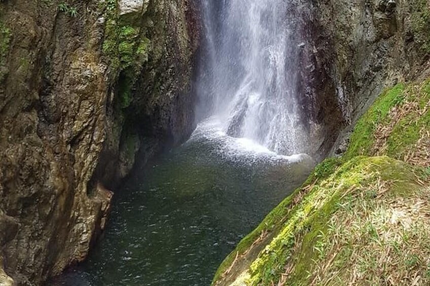 A waterfall cascading down a rocky cliff into a pool of water surrounded by greenery. 1