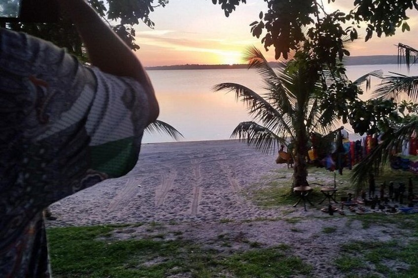 A beach with a sunset, palm trees, and a person in the foreground. 3