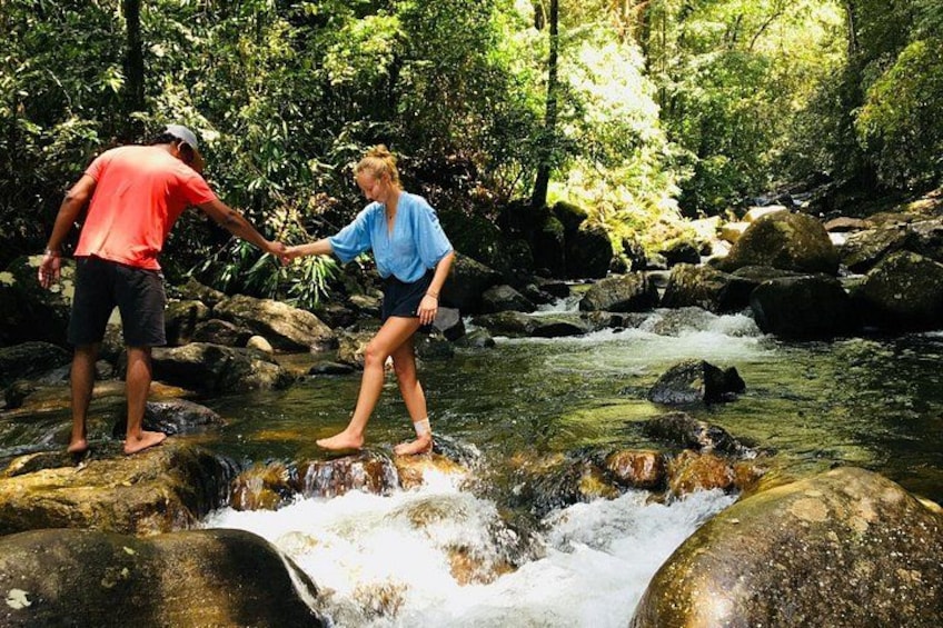 Two people standing on rocks by a flowing stream in a forested area. 1