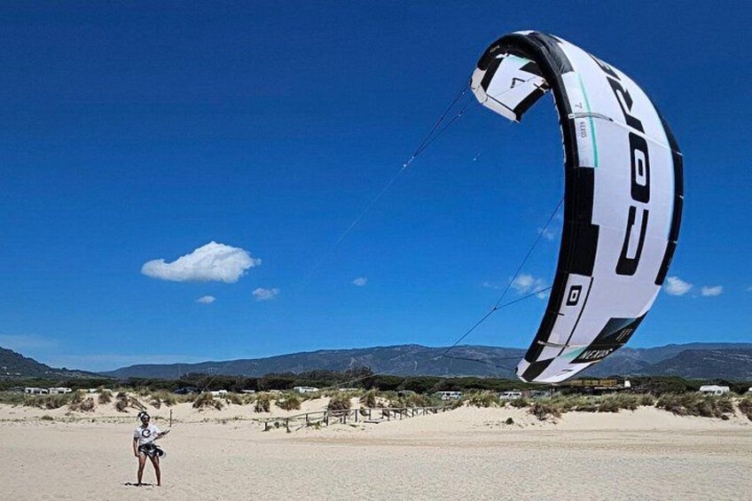 Una persona de pie en la playa con una cometa grande. 5