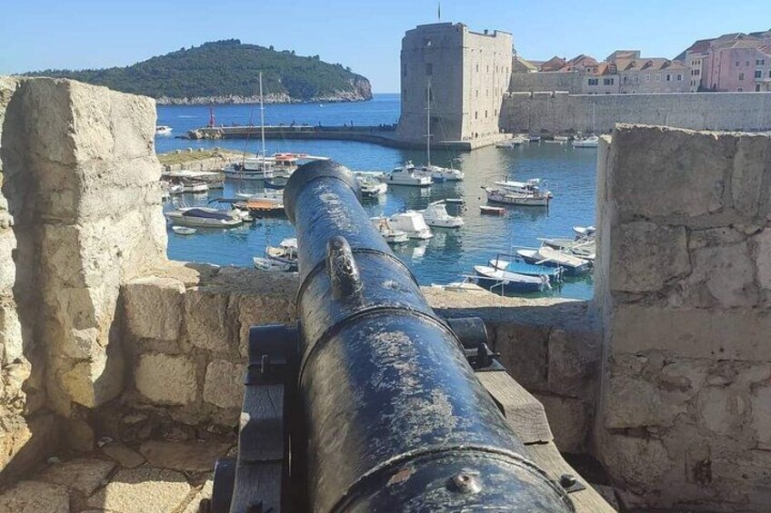 Un canon surplombant un port, avec des bateaux et un château en arrière-plan. 4