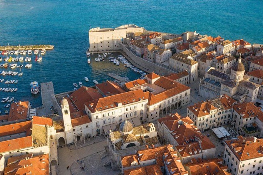 A coastal cityscape with historic buildings, a fortified structure, and a harbor with boats. 5