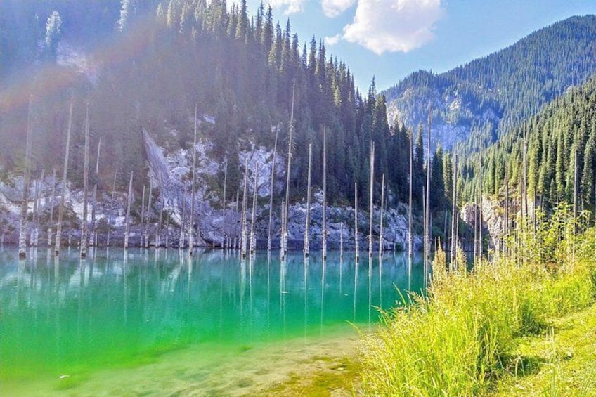 A lake surrounded by snow-covered trees and mountains. 1