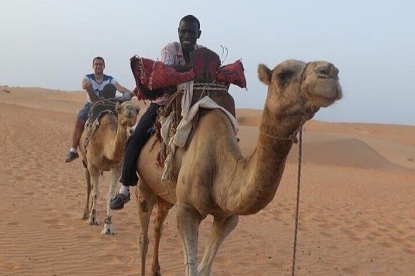 Zwei Personen reiten auf Kamelen durch eine Wüstenlandschaft mit Sanddünen im Hintergrund. 2