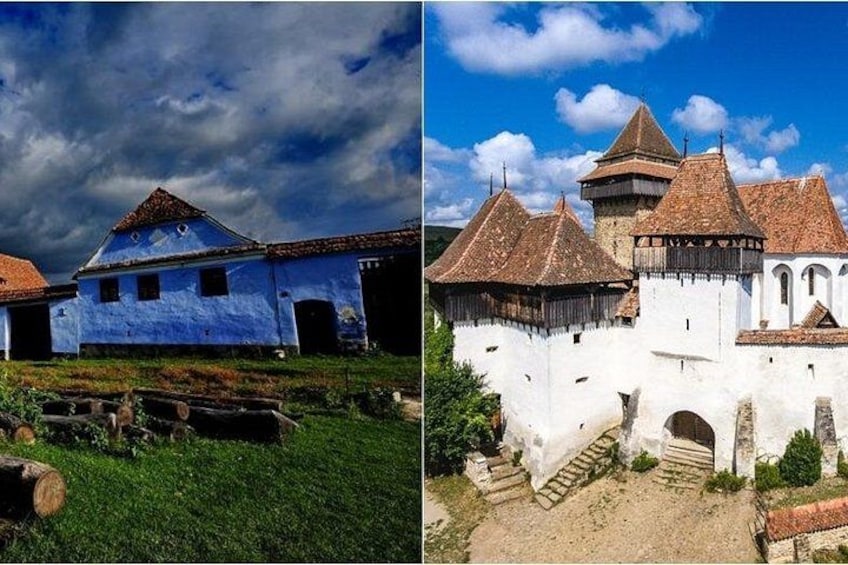 A historical building with a white facade and red-tiled roofs, surrounded by greenery and a clear sky. 3
