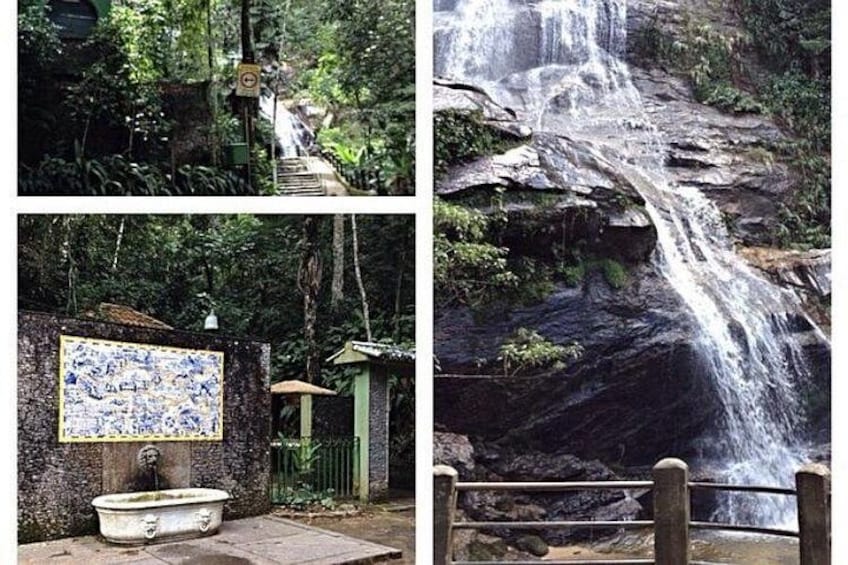 Ein Wasserfall, eine Steinmauer mit einem Kachelbild und ein Steinbecken. 2
