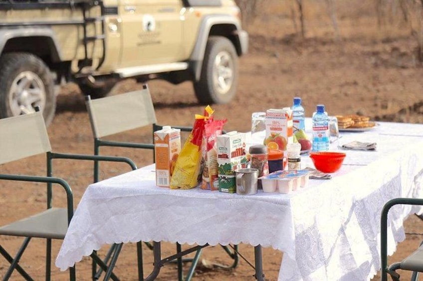 A table set outdoors with food and drinks, a vehicle in the background, and a desert landscape. 3