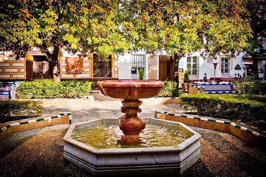 Una fuente en un patio rodeado de edificios y árboles. 4