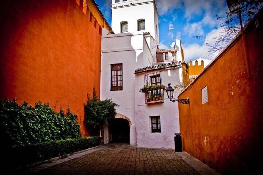 Un callejón estrecho con un edificio blanco que presenta una torre de campanas, flanqueado por paredes anaranjadas y un camino adoquinado. 1