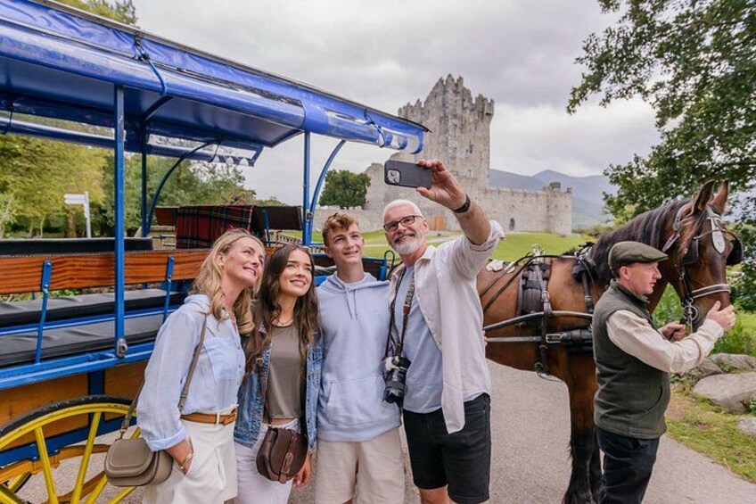 A group of people taking a selfie with a horse-drawn carriage and a castle in the background. 3
