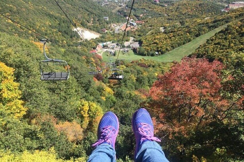 A person seated on a cable car, overlooking a mountainous landscape with autumn foliage. 2