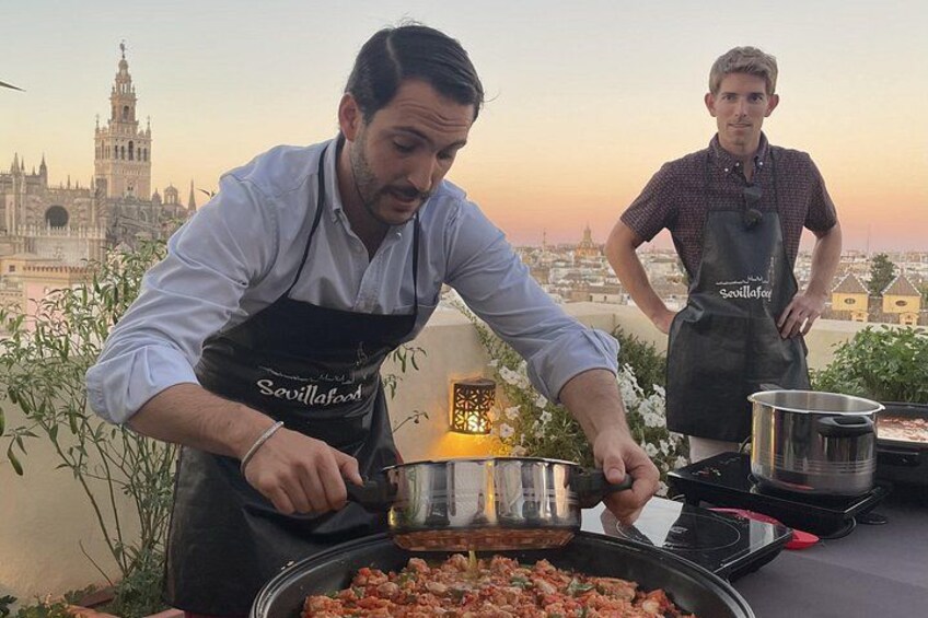 Seville: Small Group Rooftop Paella Class with Sangria Pairing 2