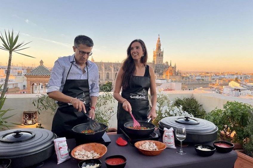 Seville: Small Group Rooftop Paella Class with Sangria Pairing 3