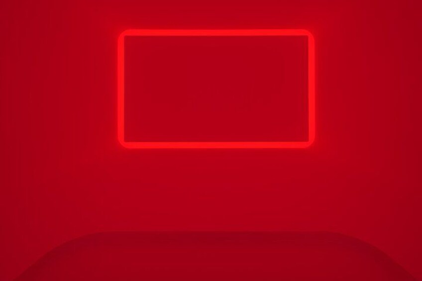 A red background with a glowing rectangle in the center. 4