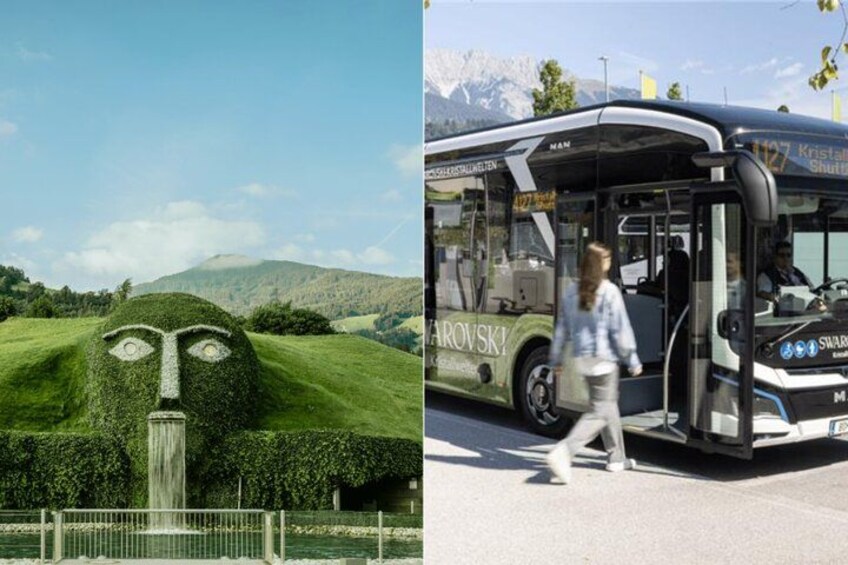 A bus with a person walking beside it, a green landscape, and a mountain in the background. 1