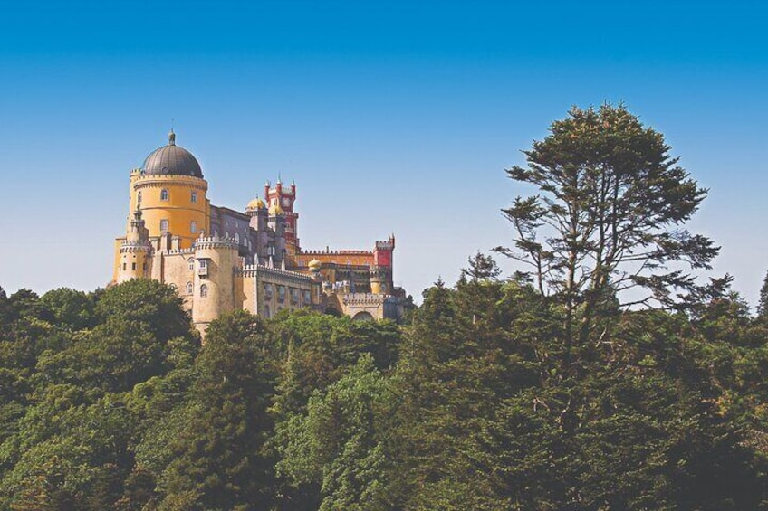 A castle with a yellow dome and red-tiled roof, surrounded by dense green trees. 3