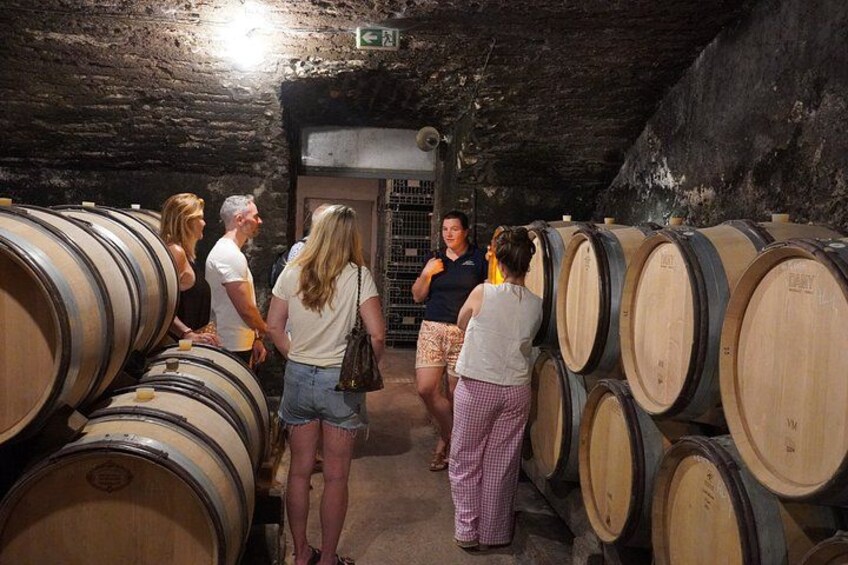A group of people in a wine cellar with wooden barrels. 4