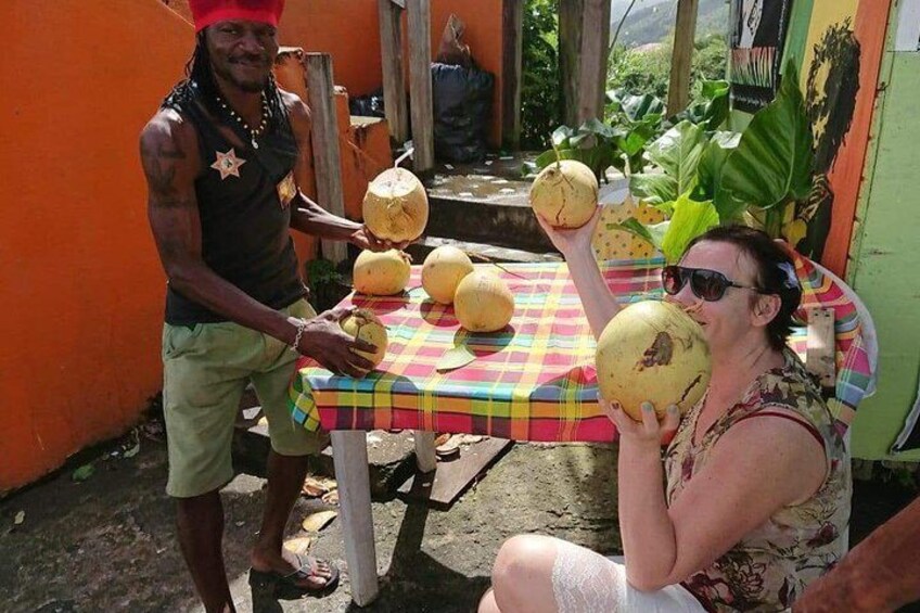 Enjoying fresh coconut!