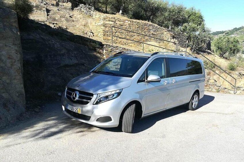 Una minivan Mercedes-Benz plateada estacionada en una carretera con un terreno montañoso y vegetación escasa al fondo. 3