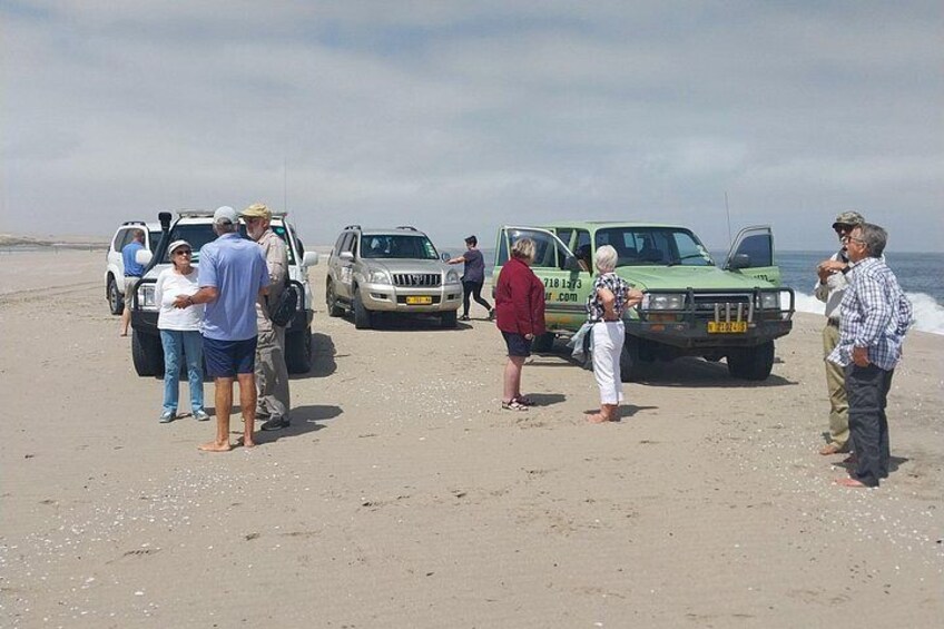 Un groupe de personnes se trouve sur une plage de sable, et plusieurs véhicules sont garés à proximité. 4