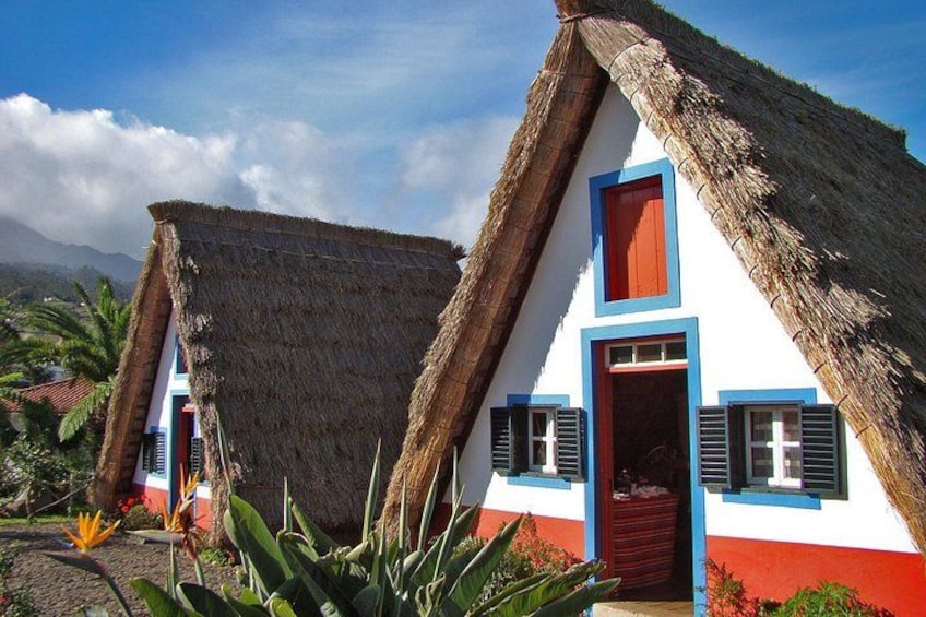 Thatched-roof huts with white walls and blue trim, surrounded by tropical vegetation. 1