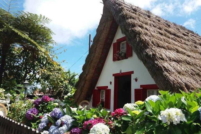 A traditional thatched-roof house with red shutters and a white facade, surrounded by lush greenery and colorful flowers. 3