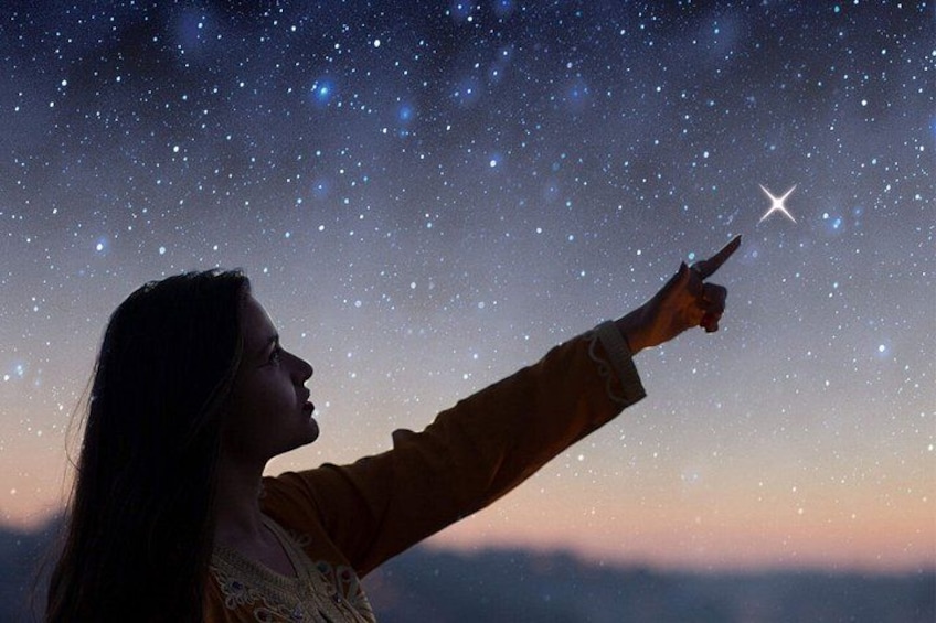 A person pointing at a starry night sky. 1