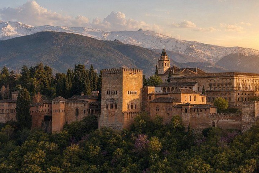 Un complesso castellare storico con una torre imponente, circondato da vegetazione rigogliosa e montagne sullo sfondo. 1