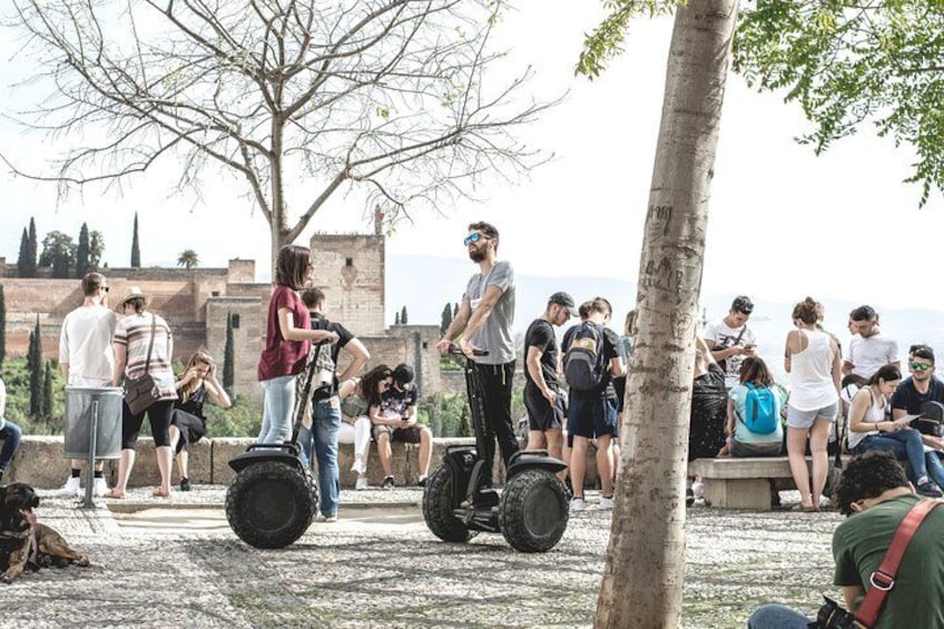 Des personnes sur des Segways, un groupe de personnes assises et debout sur un chemin de pierre, et un arbre en arrière-plan. 1