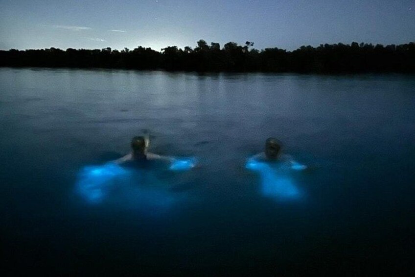 Zwei Personen schwimmen nachts in einem Gewässer, der dunkle Himmel und eine Baumlinie im Hintergrund. 2