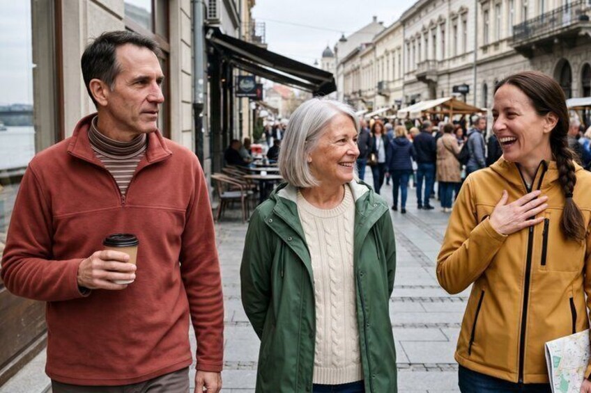 Tre personer går på en gade med butikker og caféer i baggrunden. 2