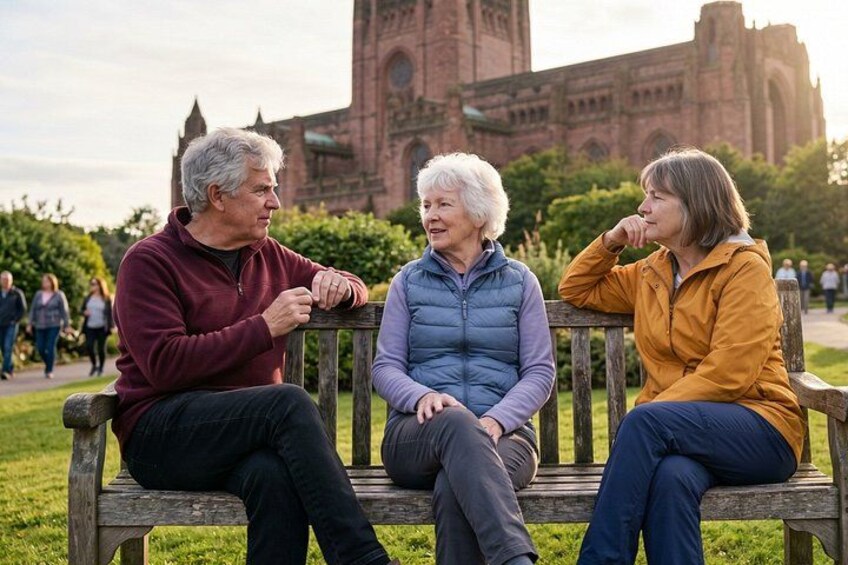 Drie personen zitten op een bankje met een kerk op de achtergrond. 3