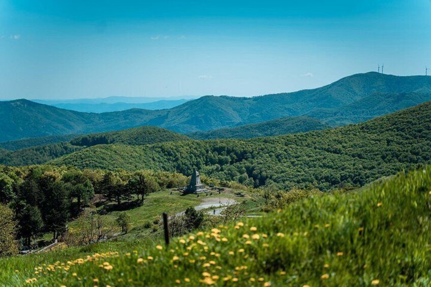 A lush green landscape with rolling hills, a small water body, and a distant structure. 4