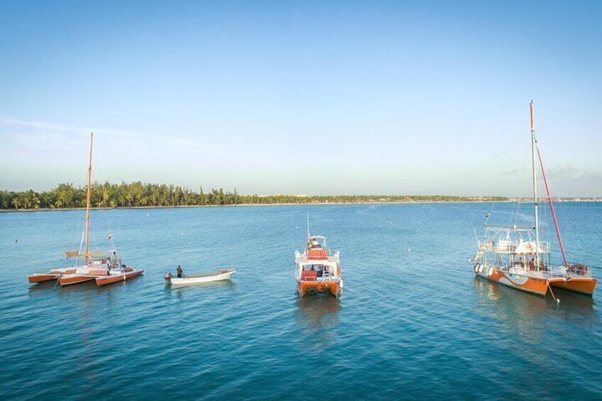 Several boats on calm water with a clear sky and a distant shoreline. 1