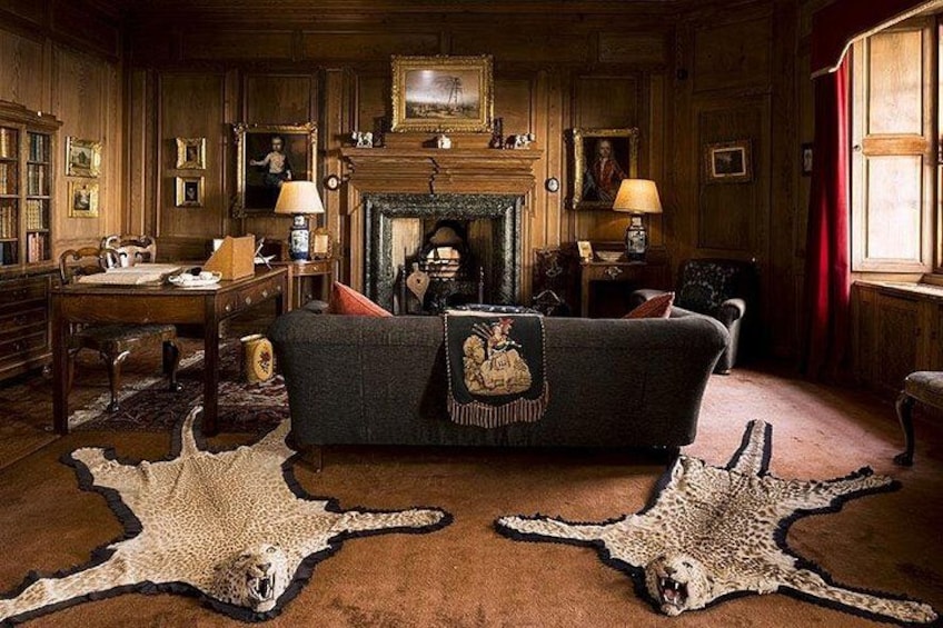 A room with a fireplace, a sofa, a table, and two leopard skin rugs. 3