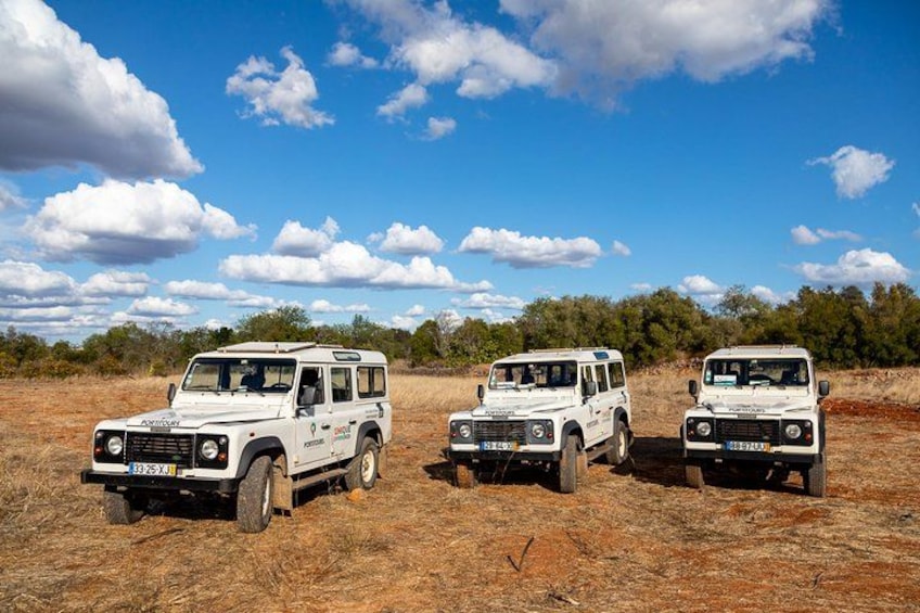 Tres vehículos todoterreno blancos estacionados en un campo seco y cubierto de hierba, con un cielo azul despejado y algunas nubes dispersas al fondo. 3