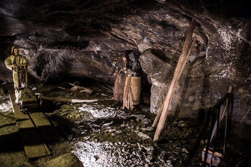 Interno di una grotta con botti di legno, una scala e una figura in abiti tradizionali. 3