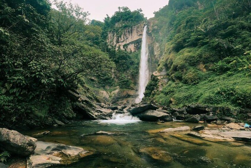 Una cascada se precipita por un risco rocoso hacia una piscina cristalina rodeada de exuberante vegetación. 2