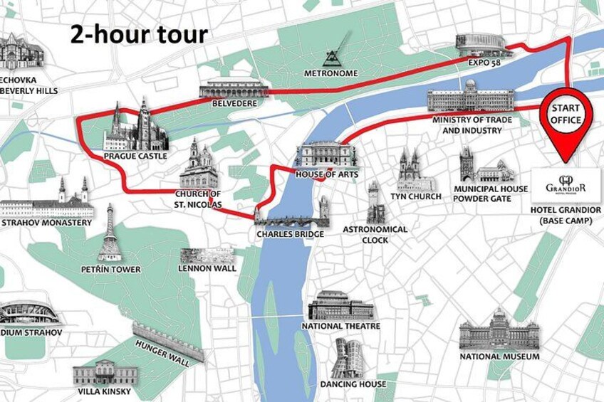A 2-hour tour map with landmarks like Prague Castle, Charles Bridge, and National Theatre. 3